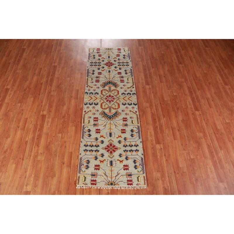 Hand Knotted Oriental 100% Wool Carpet Transitional All-Over Green Oushak Runner Rug - 7' 10'' X 2' 6''