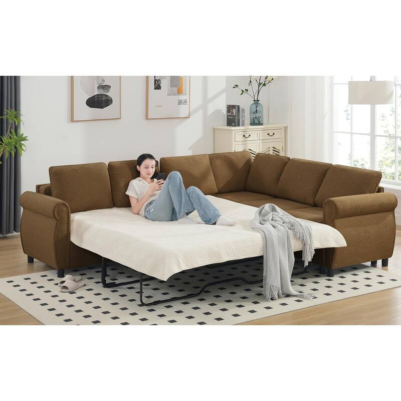 104" Polyester L-Shaped Sleeper Sectional Sofa - Beige