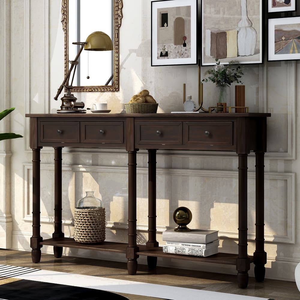 Black Painted Trim Console Table, 58" Wood Sofa Table with Pull-out Dual Drawers, Bottom Open Shelf, Tapered Legs