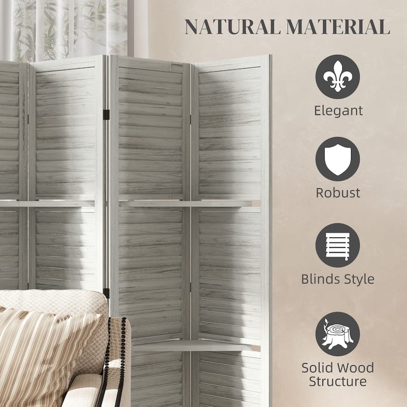 HOMCOM Room Divider, 6 Panel 67" Tall Wood Privacy Screen with 3 Display Shelves, and Folding Storage for Bedroom, Gray