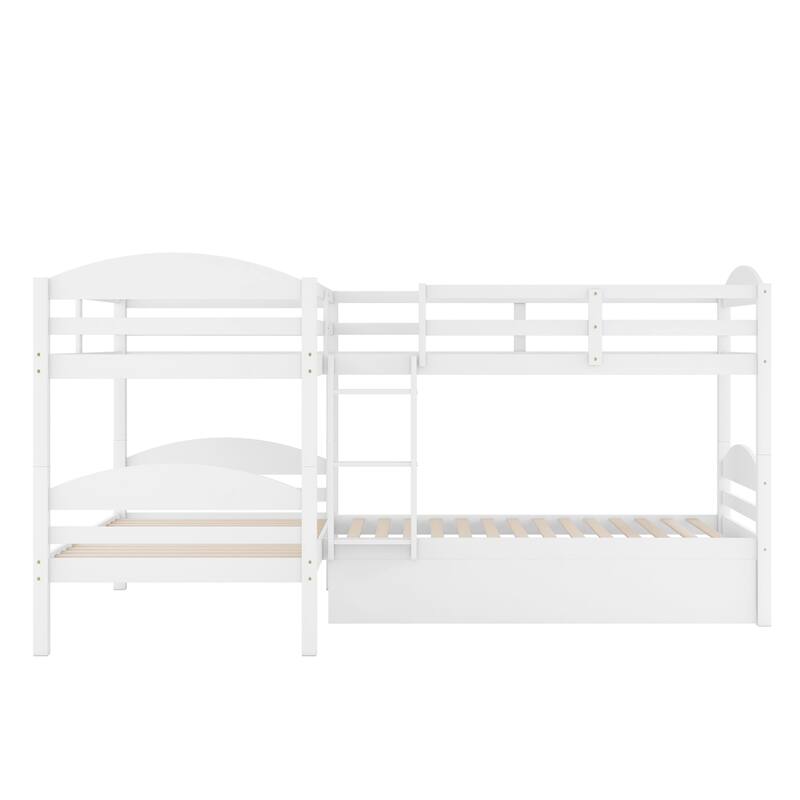 Twin Over Twin Triple Bunk Bed with Trundle Bed, L-Shaped Bunk Bed with Ladder, Wooden Bunkbed Frame for 4 Kids Boys Girls Teens