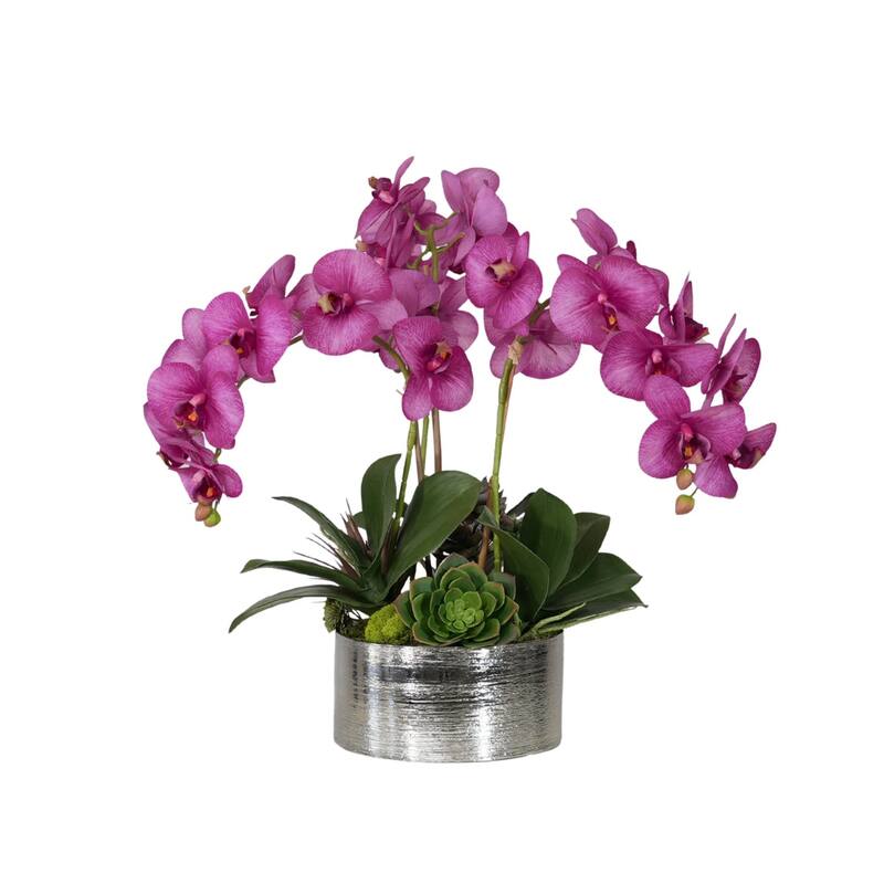 Real Touch Purple Orchid Flower Arrangement in Silver Bowl