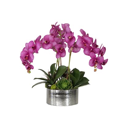 Real Touch Purple Orchid Flower Arrangement in Silver Bowl