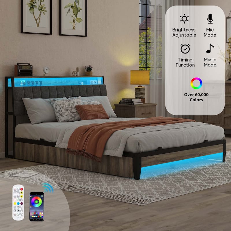 Upholstered Platform Bed with Charging Station and Storage Headboard