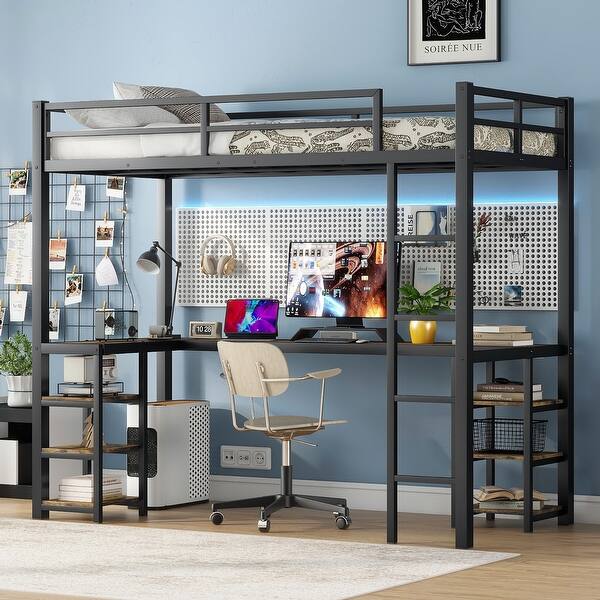 slide 2 of 14, Twin XL Size Metal Size Loft Bed with Desk and Shelves, Loft Bed with Ladder and Guardrails, Loft Bed Frame for Bedroom Twin XL - Black
