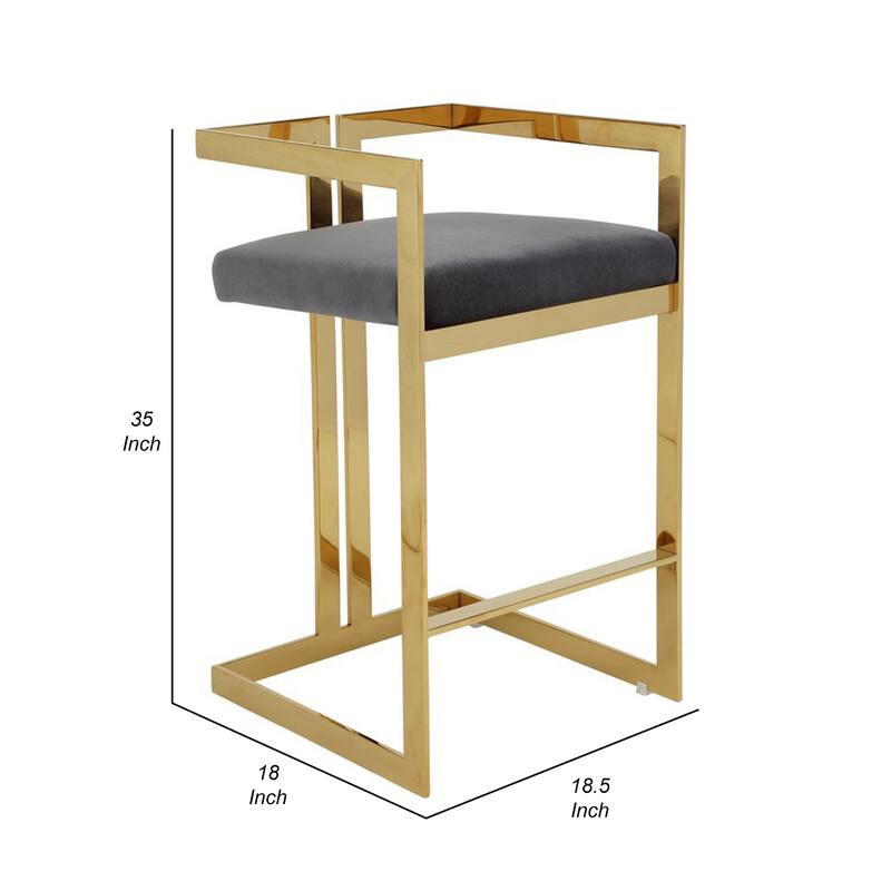 Zie 30 Inch Barstool Chair, Gray Velvet Padded Seat, Gold Steel Finish