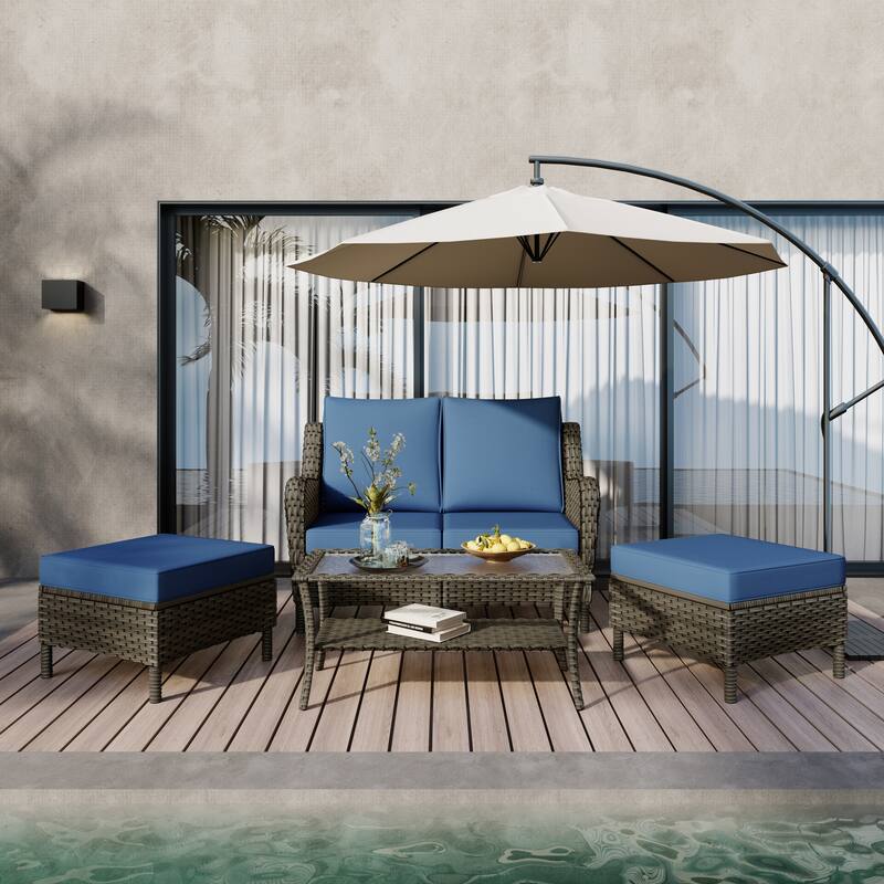 5 Pieces Outdoor Rattan Patio Furniture Set - Blue-Greyish Brown - Greyish Brown Rattan