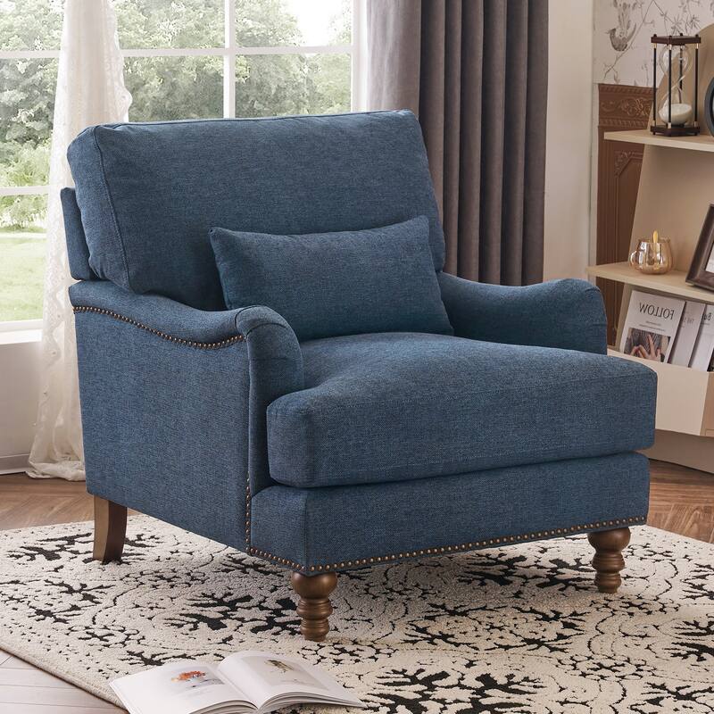 Upholstered Accent Chair with Solid Wood Legs and Pillow for Living Room Seating - Single - Dark Blue