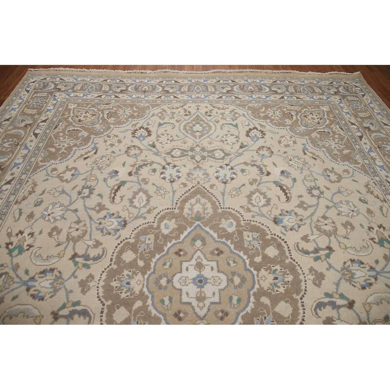 Hand Knotted Oriental 100% Wool Carpet Traditional Floral Beige & Ivories Tabriz Area Rug - 12' 8'' X 9' 8''