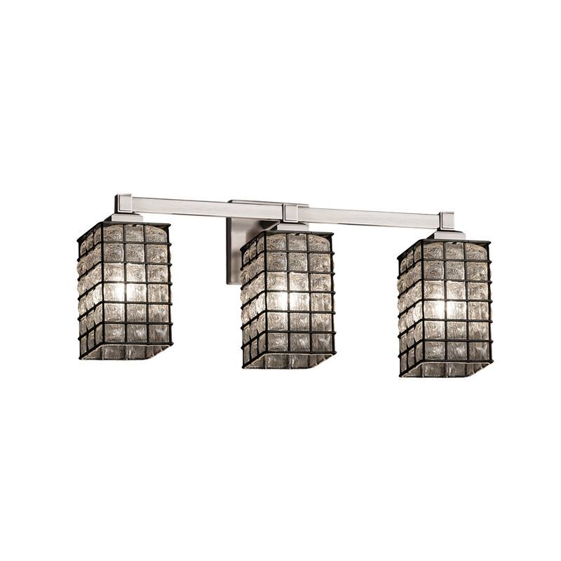 Justice Design Wire Glass Regency 3-Light Brushed Nickel Bath Bar, Grid with Clear Bubbles Square w/ Flat Rim Shade