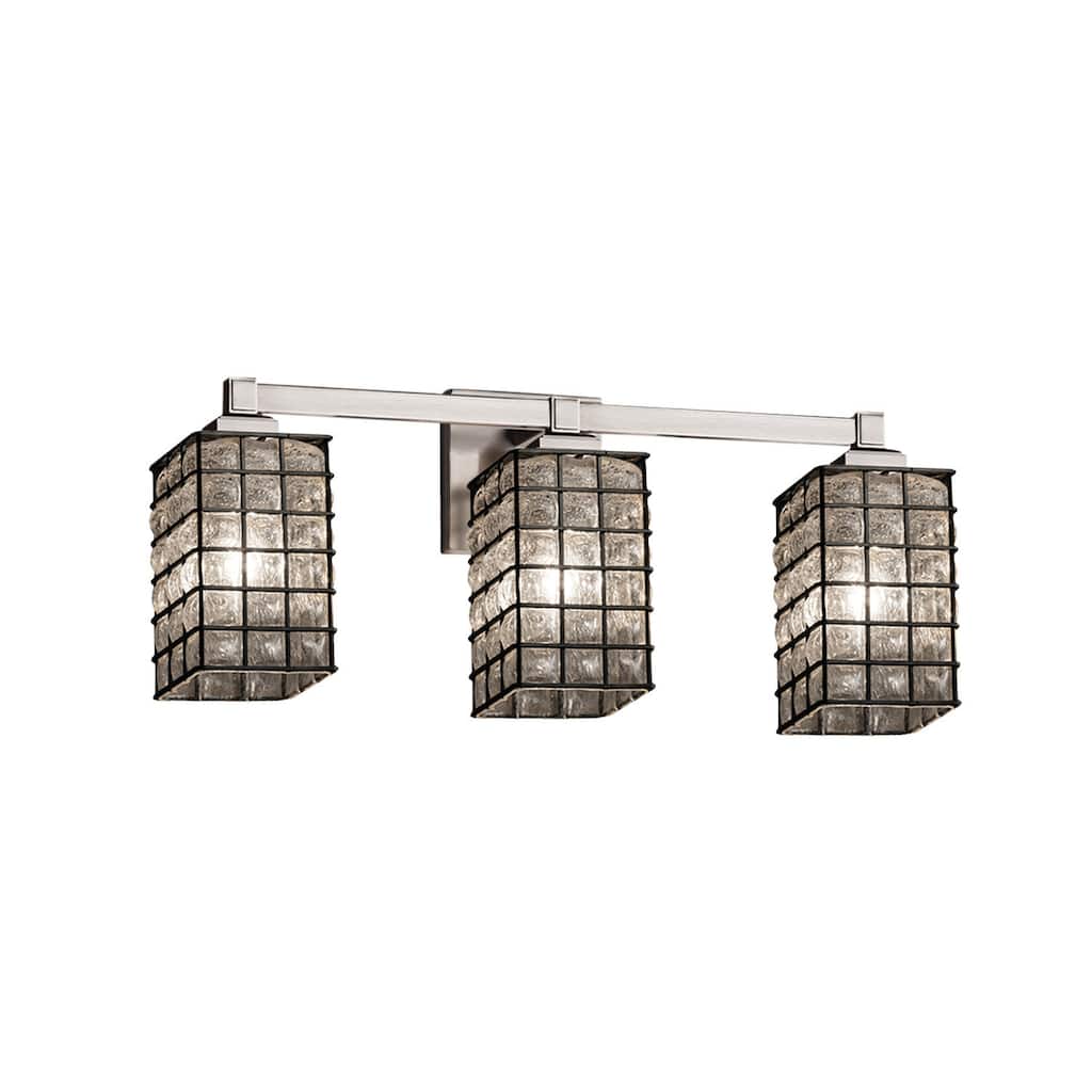 Justice Design Wire Glass Regency 3-Light Brushed Nickel Bath Bar, Grid with Clear Bubbles Square w/ Flat Rim Shade