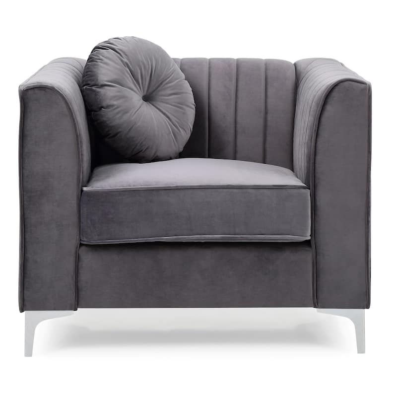 Tufted Channel Quilted Velvet Accent Chair with Round Throw Pillow - 40" - Gray