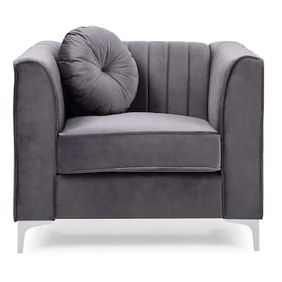 Tufted Channel Quilted Velvet Accent Chair with Round Throw Pillow - 40" - Gray