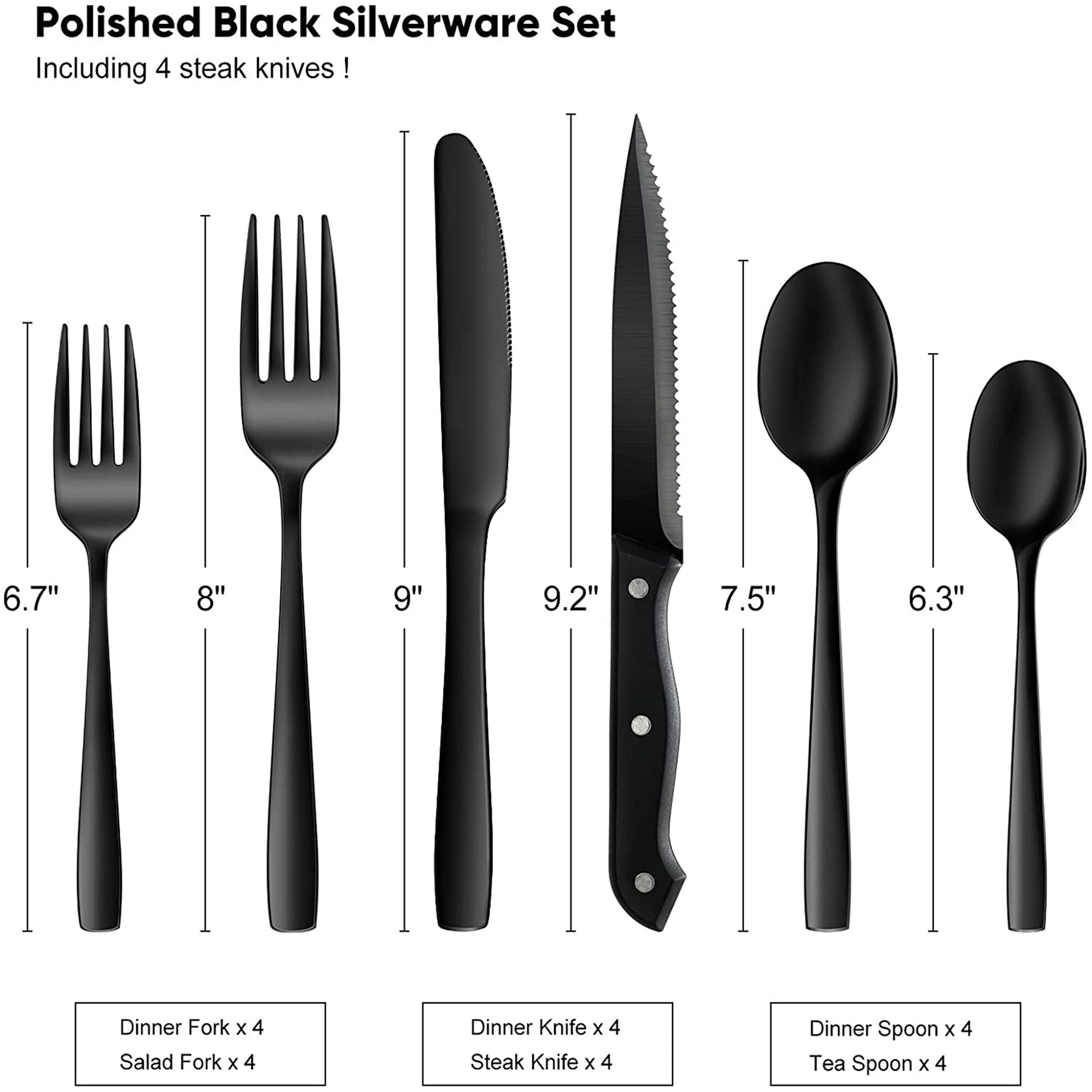 24Pcs Matte Black Silverware Set with Steak Knives Stainless Steel