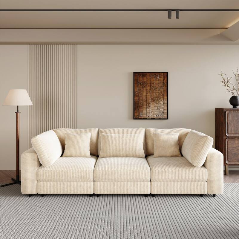 105'' 3 Seater Sofa with Removable Back Cushions and 5 Pillows, Beige Polyester, for Living Room