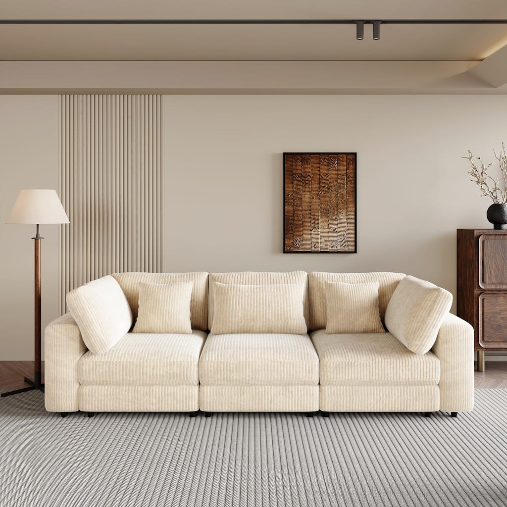 Corduroy 3 Seater Modular Sofa with Removable Back Cushions and 5 Pillows