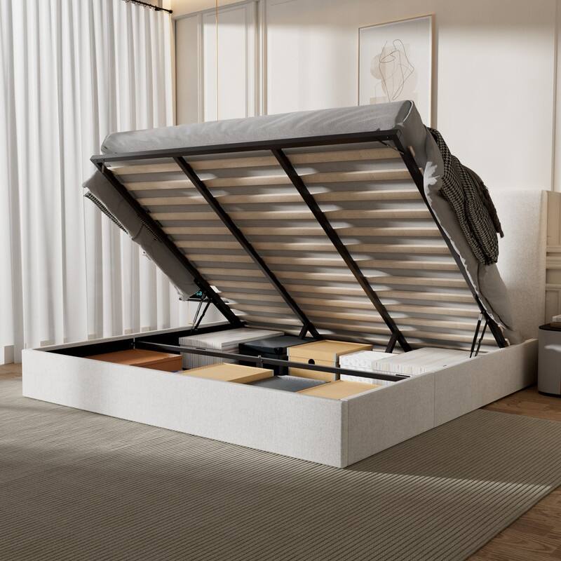 Modern Upholstered Lift-Up Storage Platform Bed with Headboard - White - California King