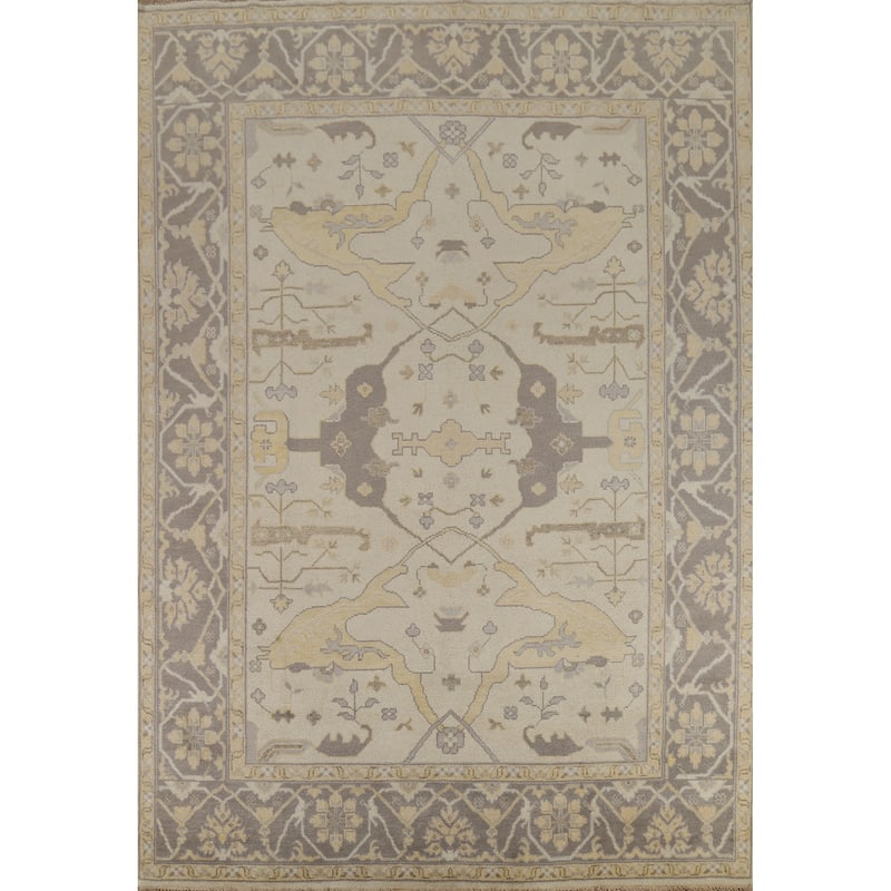 Earth Tone Oushak Indian Rug Hand-Knotted Floral Wool Carpet - 9'2"x 11'6"