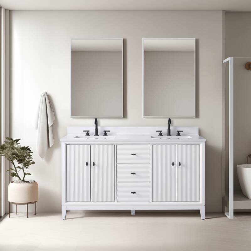 Vanity Art 60" Freestanding Bathroom Vanity with Engineered Marble Top and Sinks - 60"/Matte Black - White