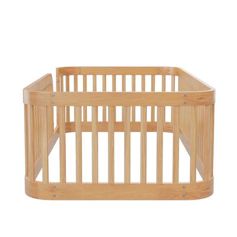 Twin Size Wood Floor Bed with Fence, Low Profile Platform Frame for Toddlers
