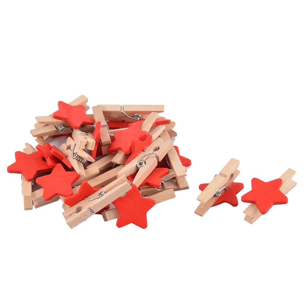 Star Card Photo Hanger Clothespin Spring Pegs Mini Wooden Clip 20pcs - Wood Color,Red - 1.2" x 0.7" x 0.4"(L*W*T).