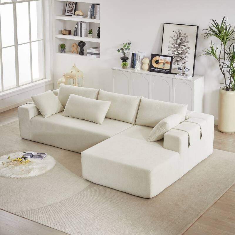 Modern Modular 108" L-shaped Chenille Upholstered Sectional Sofa With 6 Pillows - Right Facing - Beige