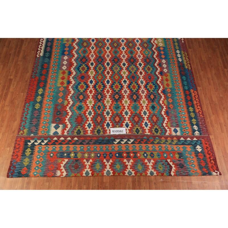 Geometric Kilim Oriental Large Rug Flatweave Wool Carpet - 10'5"x 16'2"