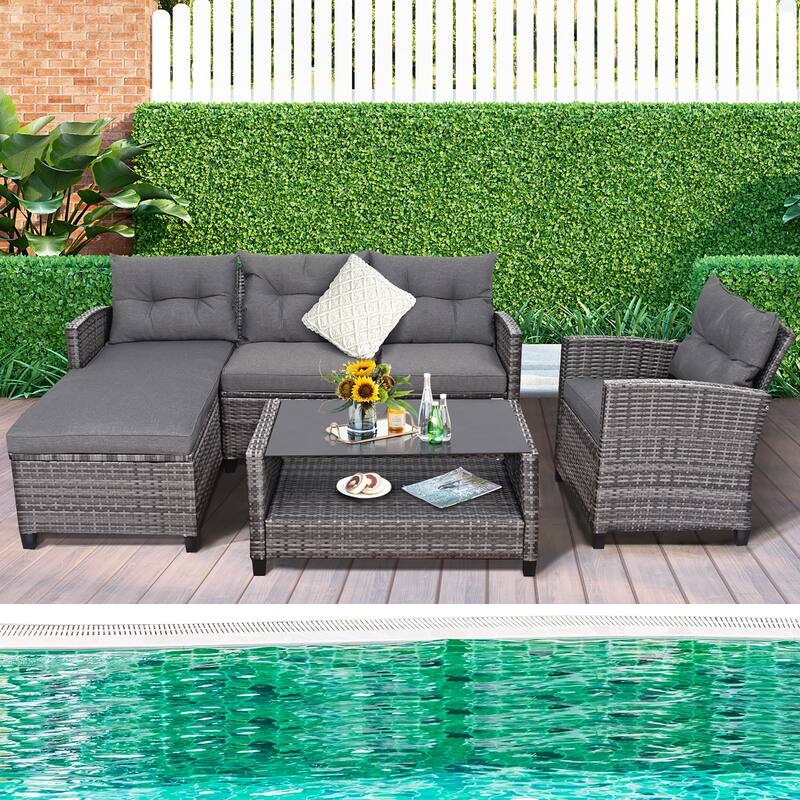 4 PCS Patio Wicker Furniture Set Outdoor Conversation Set with Table