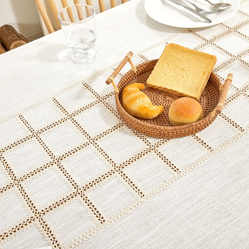 Faux Linen Embroidered Tassel Tablecloth