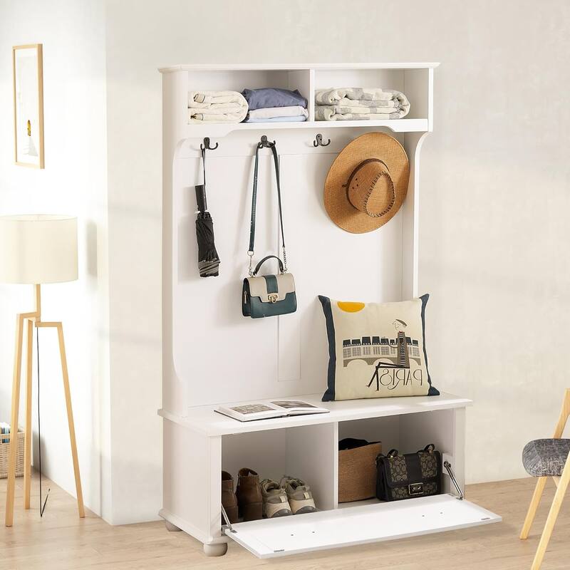Roomfitters Classic Coastal Style Hall Tree Entryway Bench with Open Shelves, Shoe Cabinets, Solid Wood Feet