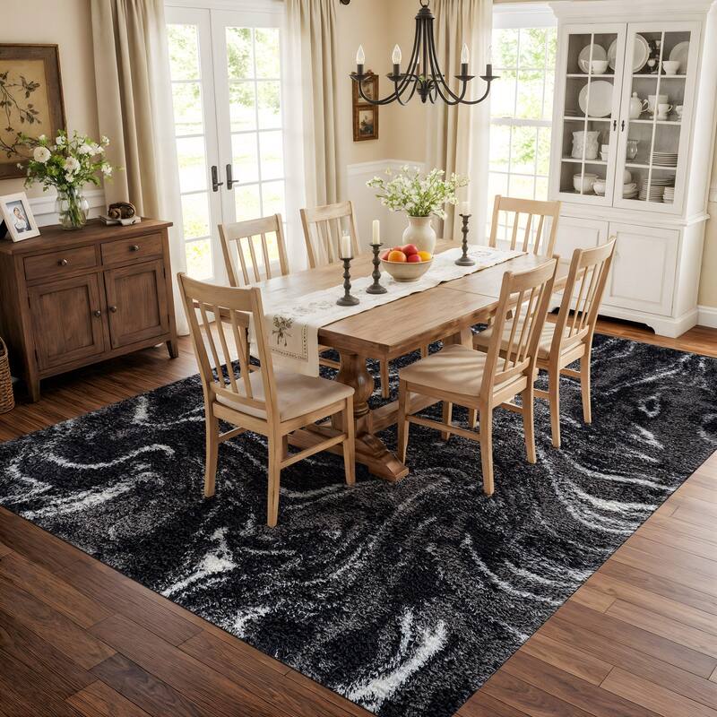 Abstract Marble Shag Rug - Anthracite Dark Gray - Plush Medium Pile, Durable with Jute Backing