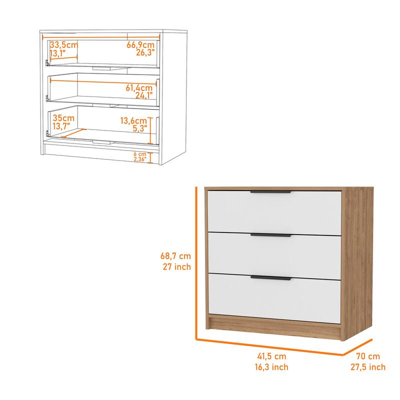 3 Drawers Dresser with Superior Top, White / Pine Finish