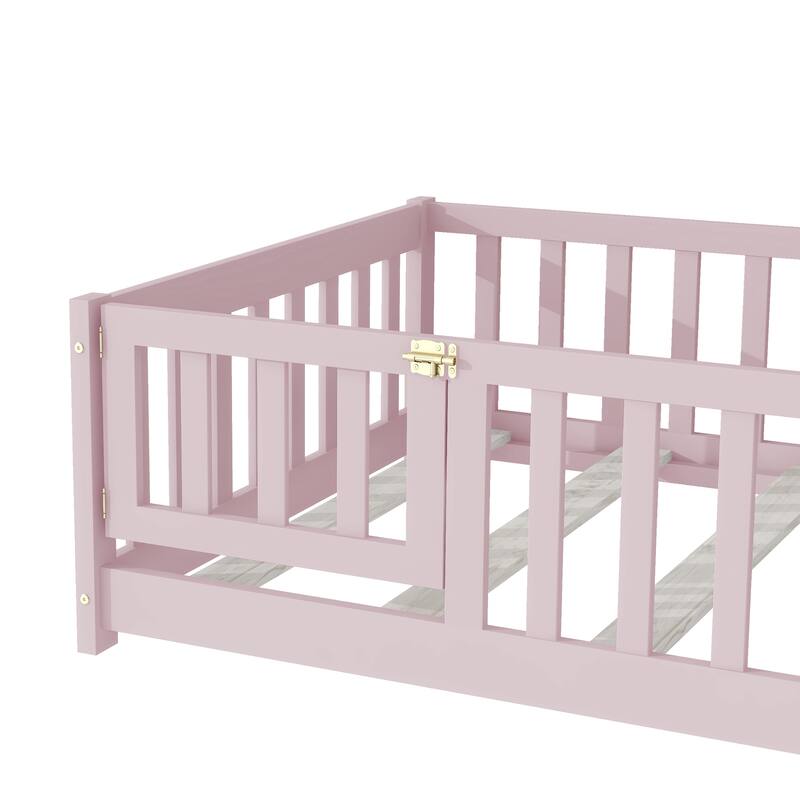 Twin Size Floor Bed with Fence and Door, Rubber Wood Floor Bed with Safety Guardrails