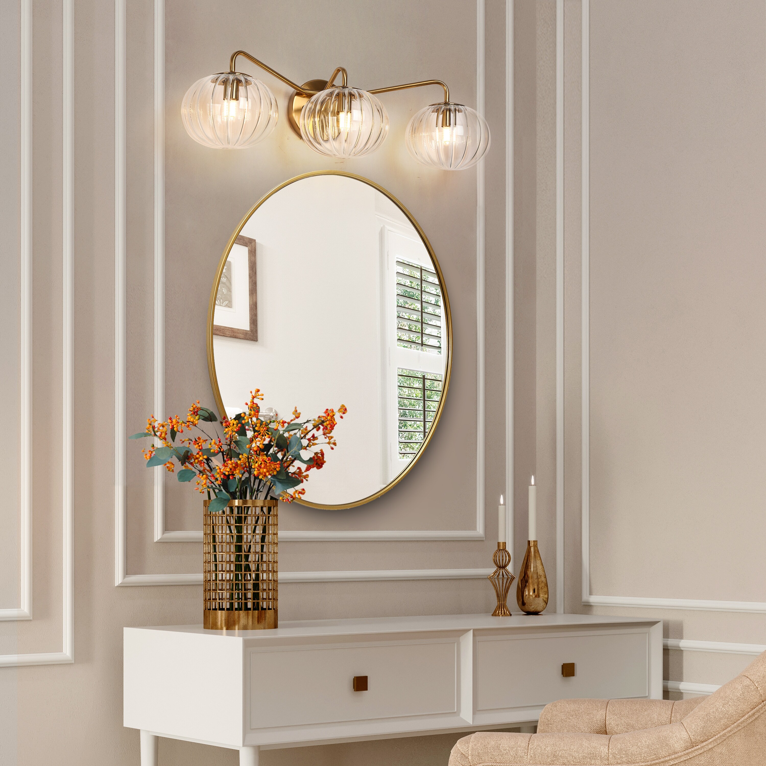 LALUZ Modern Gold 3-Light Linear Bathroom Vanity Light Ribbed