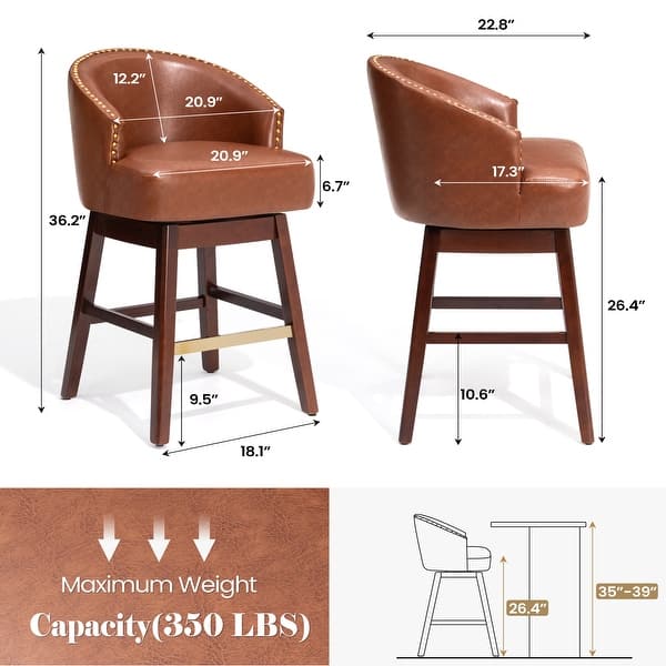 dimension image slide 7 of 10, Bar Stools PU Leather / Linen Fabric Upholstered Solid Wood Swivel Barstool Set of 2/4