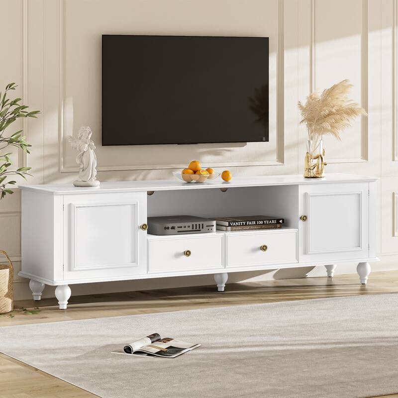 Modern TV Stand for TVs up to 80 Inches, Entertainment Center with Open Compartment, 2 Drawers, 2 Cabinets and 5 Solid Legs - White