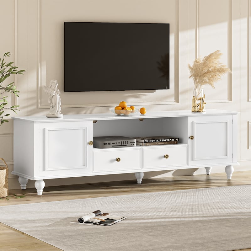 Roomfitters Modern TV Stand for up to 80 Inch TV, Entertainment Console with Drawers, Cabinets and Open Storage - White