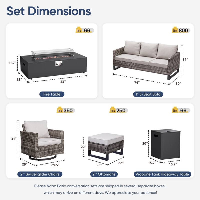 Pocassy 7-Piece Patio Sofa Swivel Chair Ottoman with Fire Table