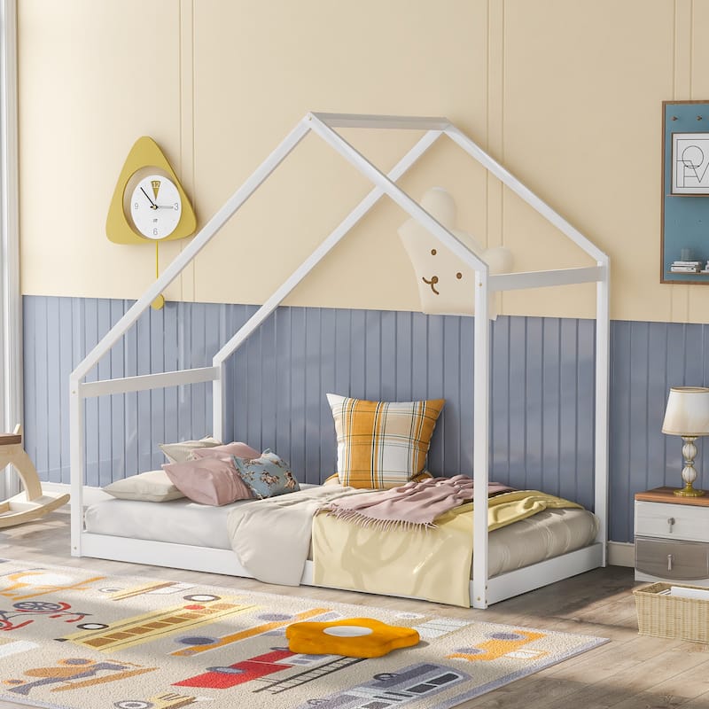 Solid Wood House Bed with Roof for Kids