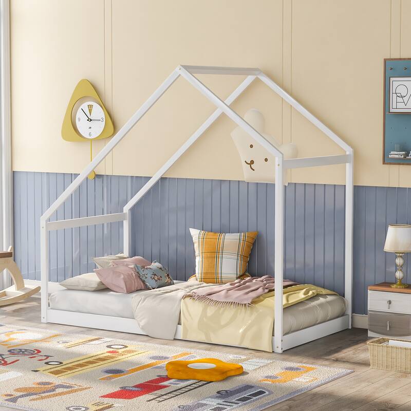 Twin Size House Bed Frame with Semi-Enclosed Design, Perfect for Kids - White