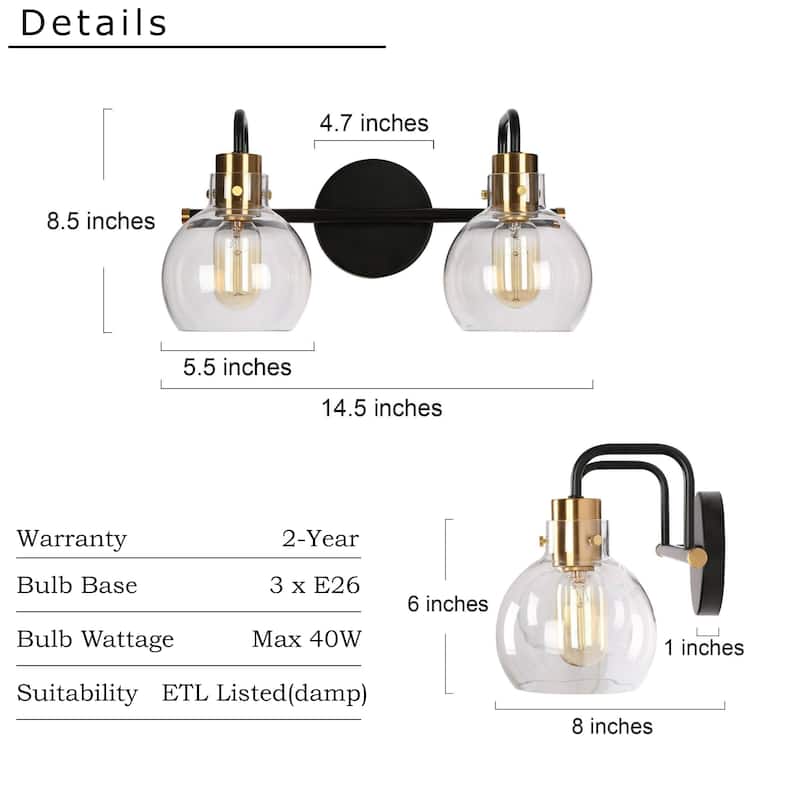 Modern 2-Light Black Gold Bathroom Vanity Light Wall Sconce with Clear Glass - 14.5" L x 8" W x 8.5" H