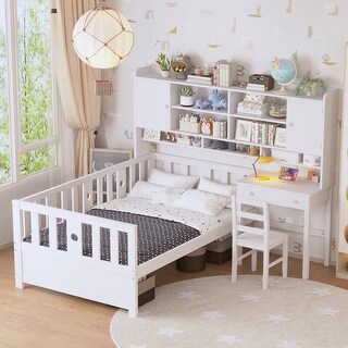 Kids Twin Size Bed Frame with Storage Bookcase, Wood Multi-Functional Platform Bed w/ Built-in Desk and Matching Chair, White
