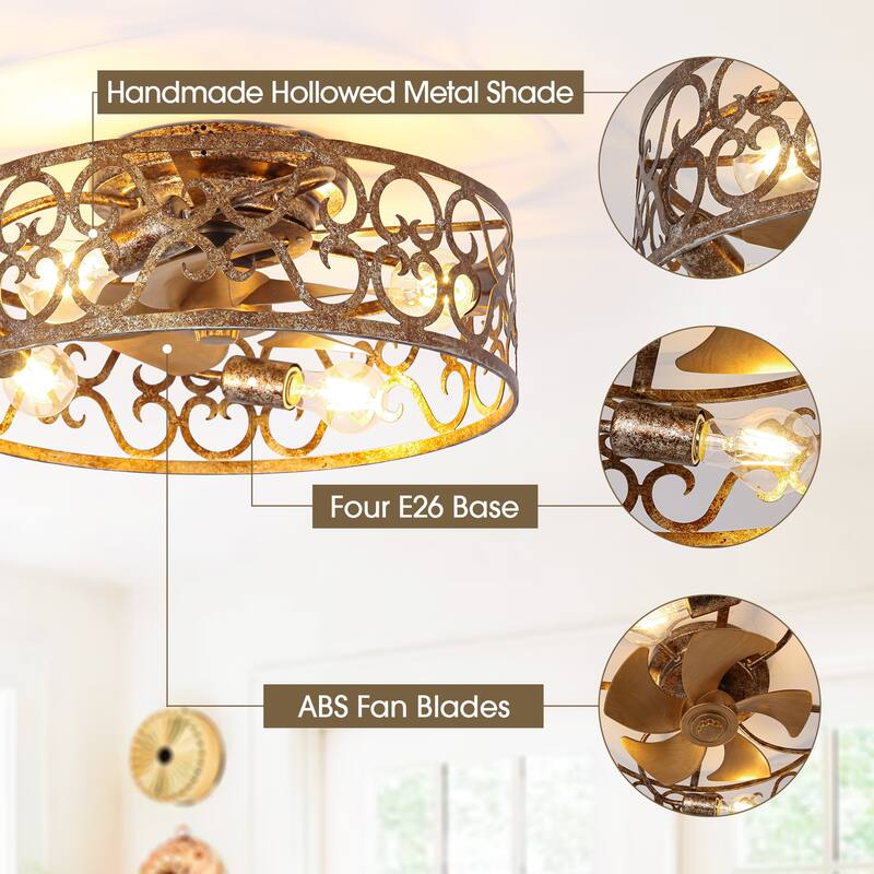 18-inch Rustic Gold Metal Caged Flush Low Profile Celing Fan with Remote and APP Control
