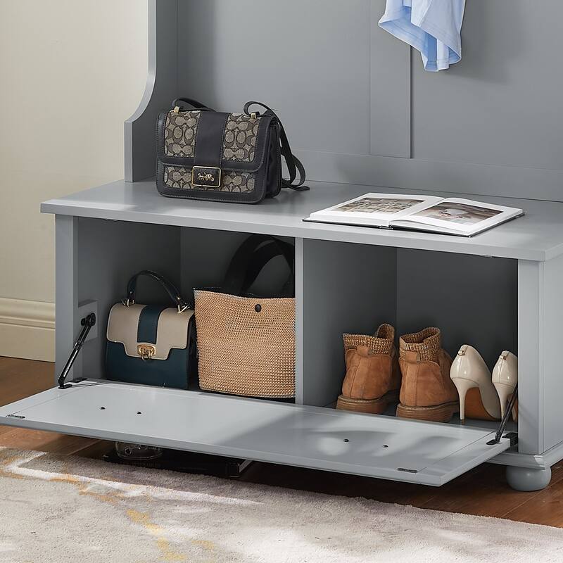 Modern Hall Tree Coat Rack with Shoe Rack Bench, Coat Hooks and Open Shelves, for Entryway Storage