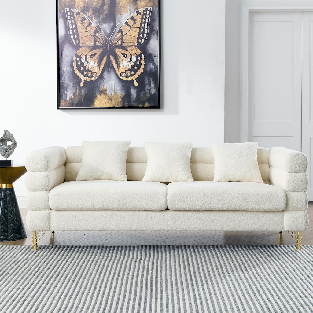Roomfitters 81" 3 Seater Sectional Sofa, Modern Boucle Upholstered Couch with Gold Legs and 3 Pillows for Living Room