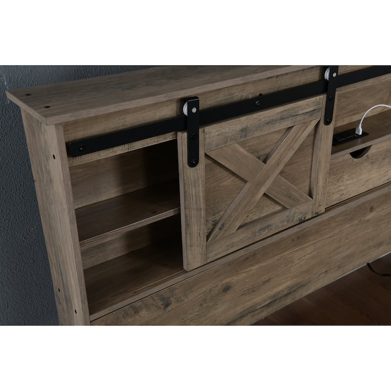 King/Queen Farmhouse Bed Frame with LED Lights, Charging Station & Barn Door Storage