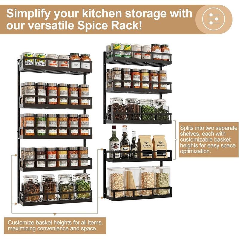 Wall Mount Spice Rack Organizer 5 Tier Height-Adjustable Hanging - ‎5.4"D x 15.6"W x 32.3"H