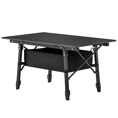 Black Portable Camping Table with Adjustable Height and Foldable Aluminum Frame Oxford Storage Basket