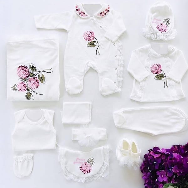 slide 2 of 4, Cotton Newborn Floral Coming Home Set - 11 Piece Bloom Baby Clothes White
