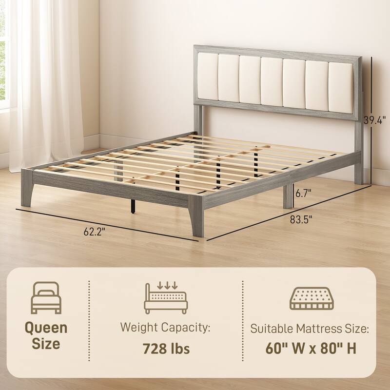Rubber Wood Platform Bed Frame with Linen Fabric Upholstered Headboard/Adjustable Feet/No Box Spring Needed/Easy Assembly - Gray